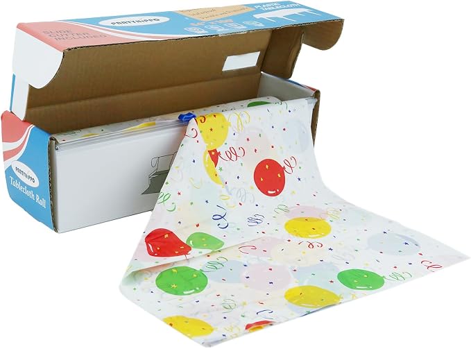 Plastic Tablecloth Roll – 54" x 100' Plastic Tablecloths for Parties Disposable with Cutter Box - Cut to Size Disposable Tablecloth for Rectangle & Round (Balloon)