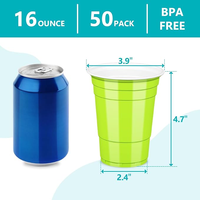 LANLISA 50 Lime Green Plastic Cups, 16 oz Disposable Cups, Drinking Cups For Halloween, Summerween, Christmas Party Supplies