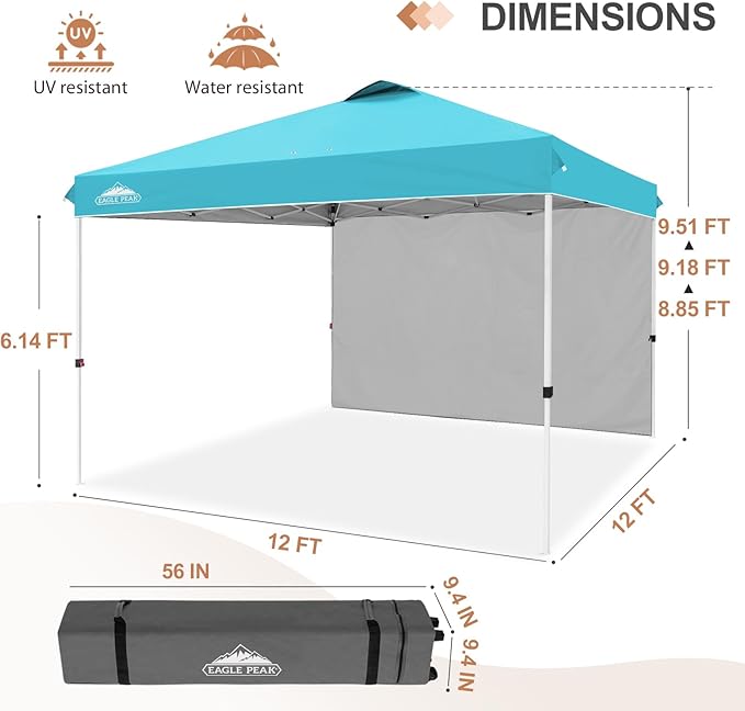 EAGLE PEAK Commercial Canopy 12x12 Pop Up Canopy Tent with 1 Sidewall, Easy Setup Heavy Duty Instant Event Shelter for Vendors & Markets, Outdoor Sun Shade, Light Blue