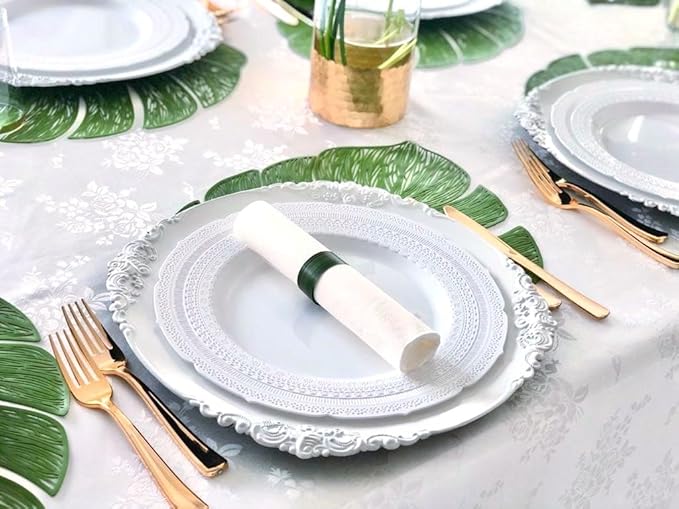 OCCASIONS 120 Guests Heavy Duty Disposable Plastic Plates Set – 240 Piece Premium Reusable Dinner & Salad Plates, Elegant Fancy Party Plates for Weddings, Events, Parties – Chateau White Collection