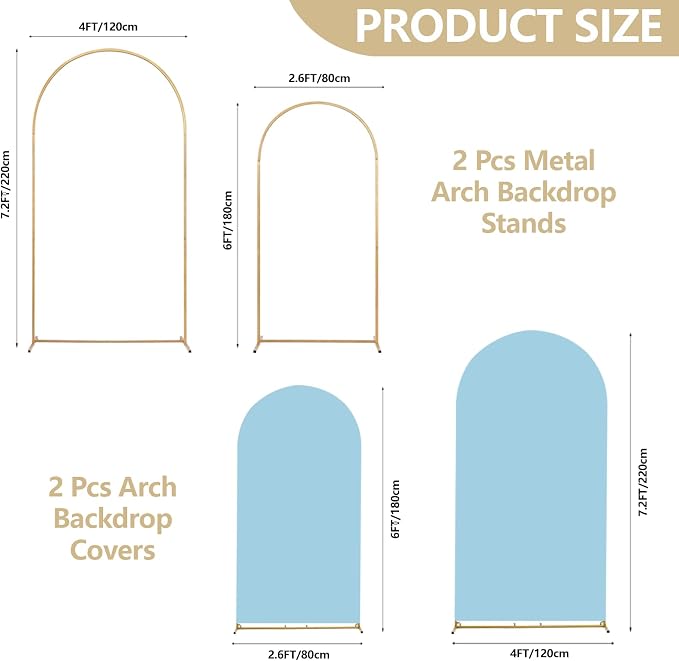 SuuWoee Arch Backdrop Stand Set of 2 With Blue Cover (7.2FT+6FT),Gold Metal Wedding Arch Balloon Stand With Cover for Birthday Party Baby Shower Graduation Ceremony Decoration