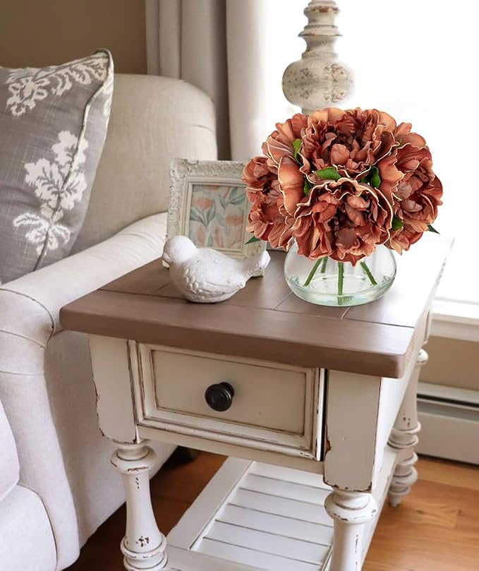 Hollyone Coffee Peonies with Vase Fall Flowers Artificial for Decoration Faux Flower Peony Fake Flowers Silk Flower Arrangements in Glass Vase with Faux Water Centerpiece Fall Decorations for Home