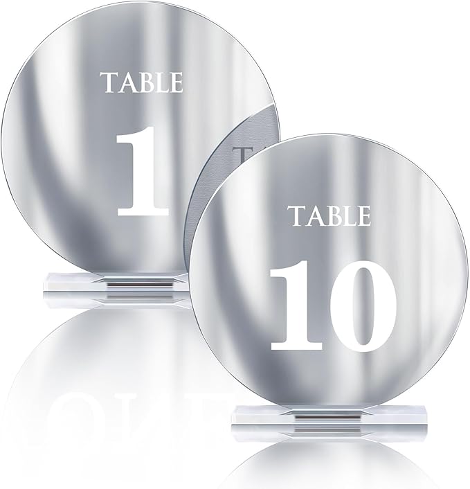 Acrylic Wedding Table Numbers 1-10 with Stands,4.8"Round Mirror Silver Table Number Signs and Holders for Wedding Reception, Party, Event, Centerpiece Decoration