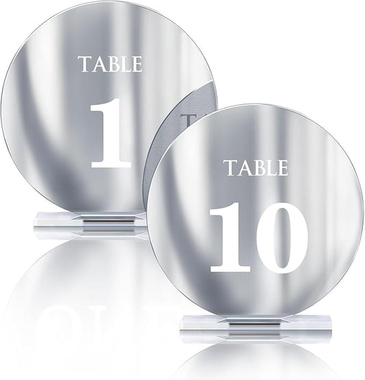Acrylic Wedding Table Numbers 1-10 with Stands,4.8"Round Mirror Silver Table Number Signs and Holders for Wedding Reception, Party, Event, Centerpiece Decoration