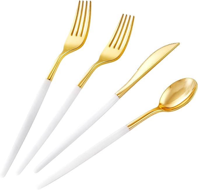 160Pcs White Gold Plastic Silverware Set, Disposable Gold Cutlery with 80 Forks, 40 Knives and 40 Spoons, Heavy Duty Utensils for Party, Wedding and Dinner