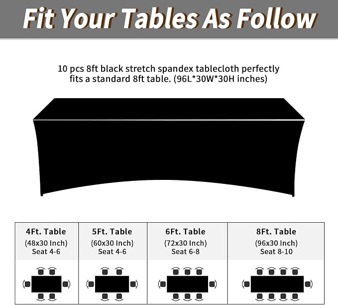 Fixwal 10 Pack 8Ft Black Table Cover, Spandex Fitted Tablecloths Rectangle, Wrinkle-Free and Stretch Folding Table Cloth for Banquet, Wedding, Party, Trade Show