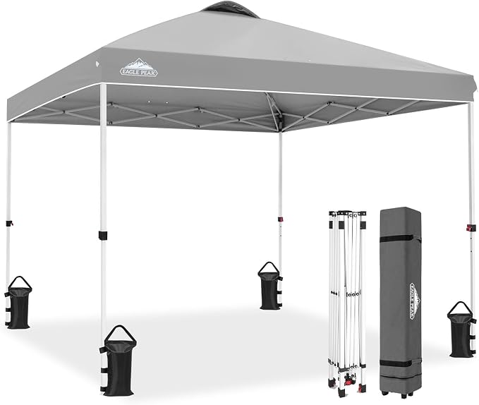 EAGLE PEAK Pop Up Canopy Tent with Wheeled Carry Bag, 8 Stakes, 4 Ropes, 4 Weight Bags, Easy Set Up Tent Canopy, 10x10 ft, 100sqft of Shade, Light Gray