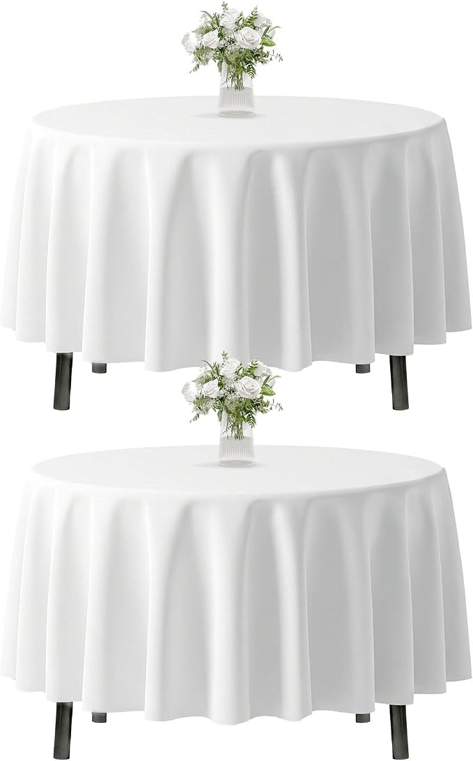 Fixwal 2 Pack White 90 Inch Round Tablecloths, Reusable Heavy Duty Washable Polyester Table Covers for Wedding, Party, Birthday, Outdoor, Picnic, Camping, Fits 30-60 Inch Tables