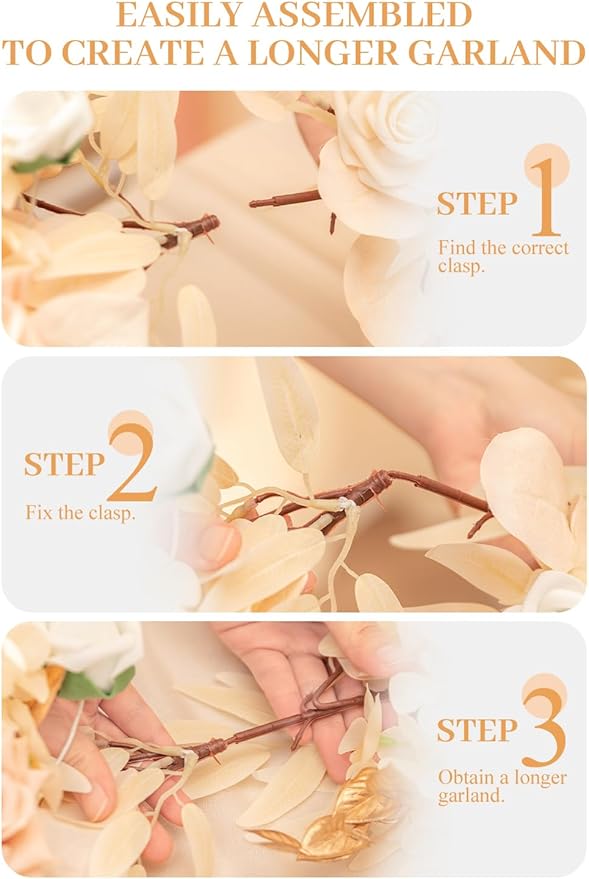 TINGE TIME Champagne Pink Flower Garlands, 2 PCS Artificial Eucalyptus Garlands, Handcraft Artificial Rose Arch Flowers for Wedding Arch Sweetheart Table Ceremony Backdrop Decorations for Home
