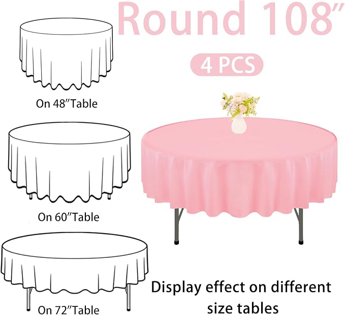 4 Pack Round Tablecloth 108 Inch Polyester Washable Fabric Table Covers for Wedding Dining Table Buffet Parties Banquet Decoration（Pink）