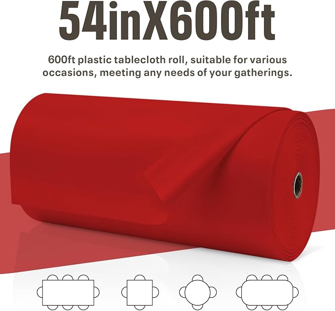 54IN X 600FT Plastic Table Cover Roll, Plastic Table Cloths for Parties, Birthday, Weddings, Banquet,Disposable Tablecloth Roll for All Shape Tables,Party Supplies(Red, 54 Inch X 600 Feet)
