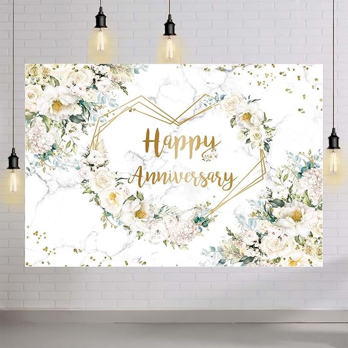 MEHOFOND 8x6ft Happy Anniversary Backdrop White Floral Wedding Anniversary Photography Background Hearts Geometric Couple Wedding Bridal Shower Women Birthday Party Cake Smash Decor Studio Photo Prop
