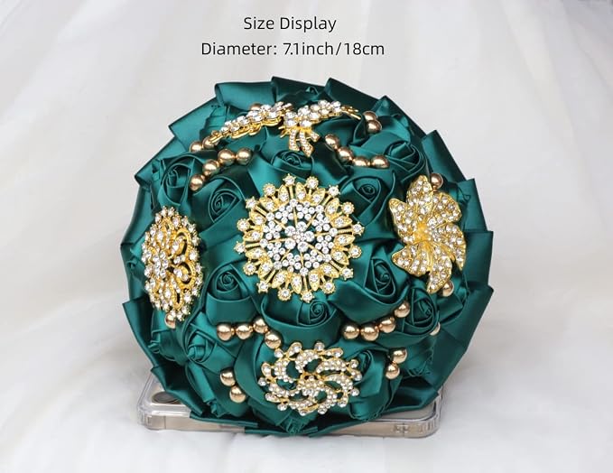 Emerald Green Bridal Wedding Bouquet Luxury Gold Rhinestone Brooch Bouquet for Bride Bridesmaid Quinceanera Satin Rose Artificial Flower Bouquet Wedding Emerald Green 7.1in