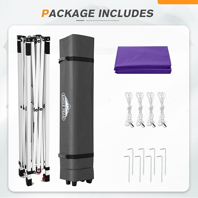 EAGLE PEAK Pop Up Canopy Tent with Wheeled Carry Bag, 8 Stakes, 4 Ropes, Easy Set Up Tent Canopy, 6.6x6.6 ft, Purple