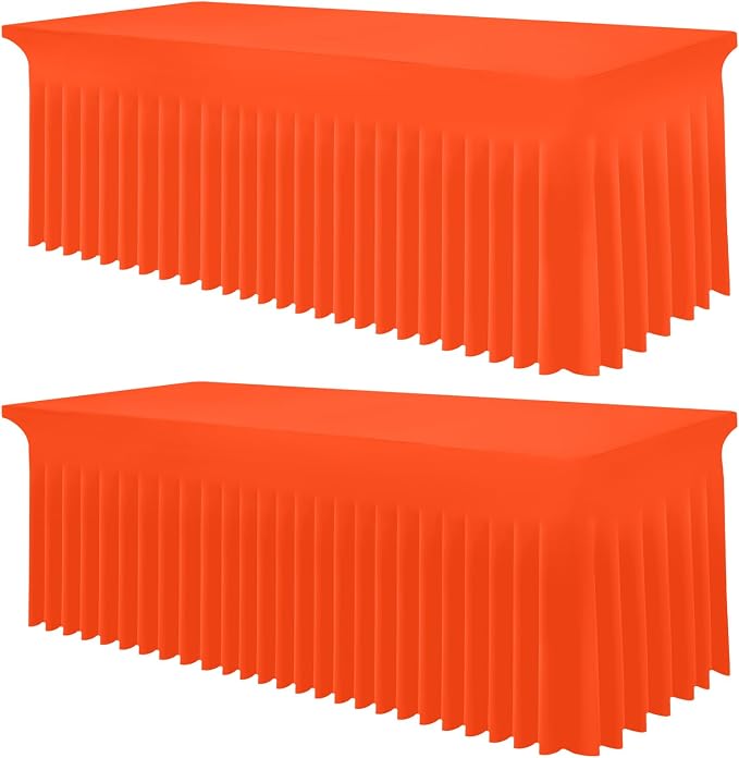 Smiry Spandex Tablecloth 2 Pack, Elastic Fitted Stretch Tablecloth for 8FT Rectangle Tables, Waterproof Washable Table Cover Skirt for Outdoor, Wedding, Banquet & Parties (Orange, 96Lx30Wx30H Inch)