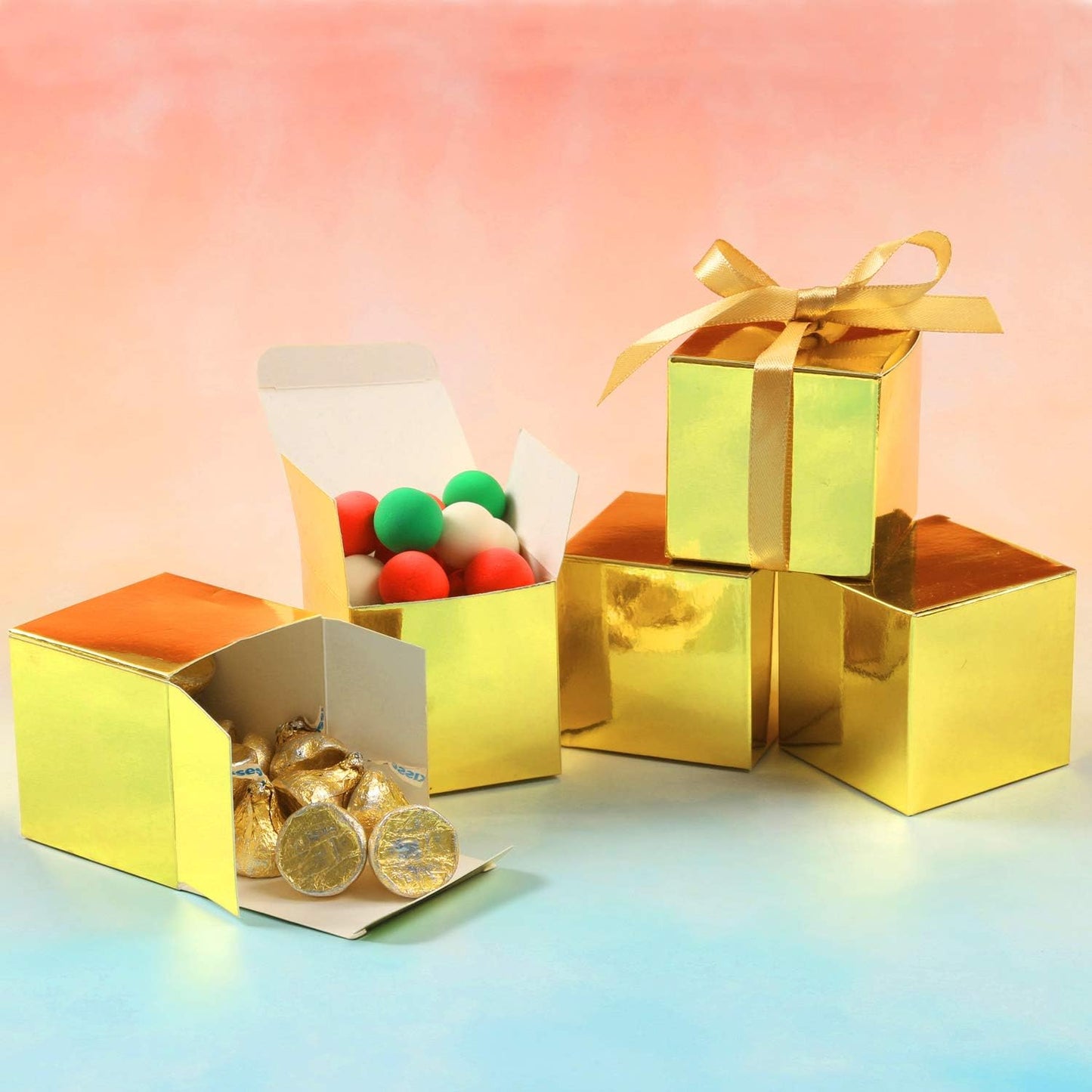 COTOPHER 100pcs Small Gift Boxes, Favor Boxes 2x2x2 inches Paper Gift Boxes with Ribbons Candy Box for Wedding Favors Baby Shower Bridal Shower Birthday Party (100pcs 2x2x2, Gold)