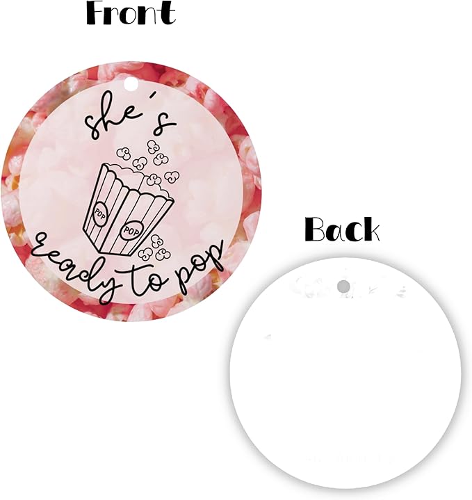 She’s Ready to Pop Popcorn Bags Tags for Baby Shower | 30pk 2.5” Circle Tag Label About to Pop It When She Pops Favors Blue Pink Champagne