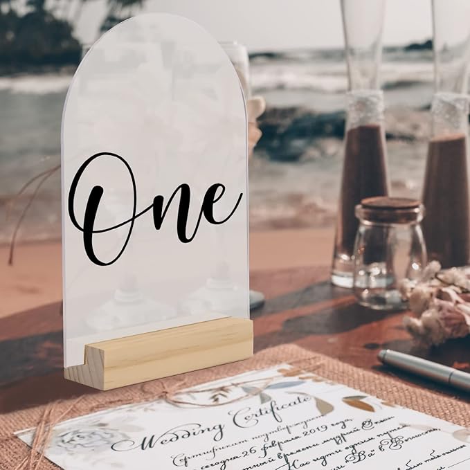 20 Pack Frosted Acrylic Arch Sign with Wood Stand- 5x7 Inch Blank Arch Acrylic Sheets with 4 Inch Wood Base, DIY Frosted Arch Sign Blank for Wedding Table Numbers