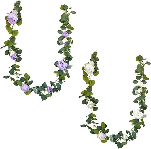 2Pcs Artificial Peony Flower Garland - 13.12 Ft Silk Fake Peony Vine with Eucalyptus Leaves Hanging Faux Flowers for Wedding Living Room Home Birthday Party Wall Arch Decor(Purple&Pink)