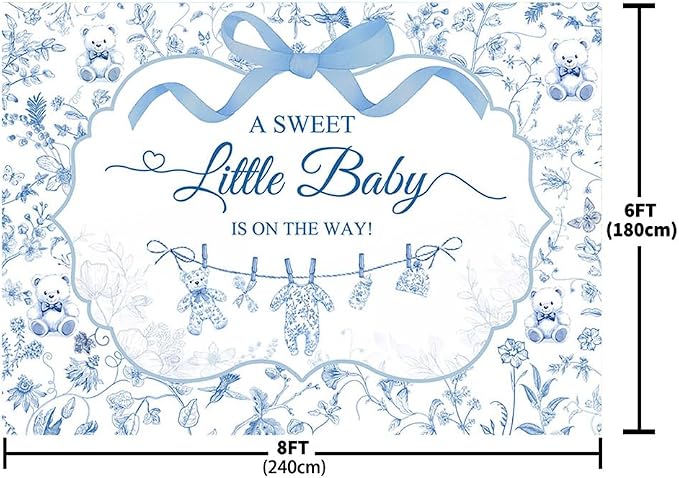 MEHOFOND 8x6ft Toile de Jouy Baby Shower Backdrop for Boy A Sweet Little Baby is on The Way Decorations Banner Blue Bow Baby Clothes Chinoiserie Floral Bear Baby Shower Photography Background