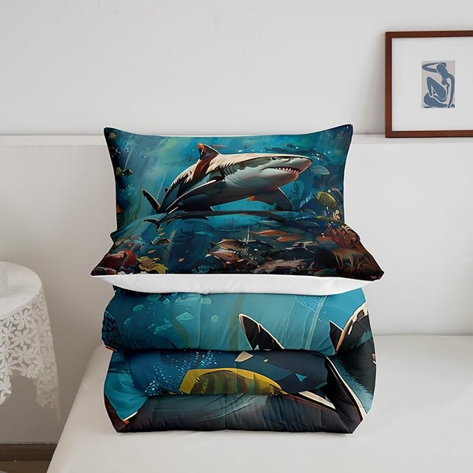 Feelyou Shark Comforter Set Queen Size Kids Marine Animals Comforter for Boys Girls Teens Cartoon Nautical Animals Bedding Set Underwater Animal Duvet Set Marine Life Sealife Quilt