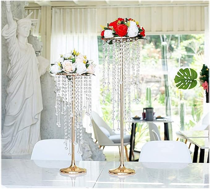 Bigsee 2 Pcs 21.65 inches Crystal Flower Stand Wedding Centerpieces for Tables, Tabletop Gold Metal Flower Arrangement Holder, Elegant Bulk Metal Vases for Reception Party Ceremony Decoration