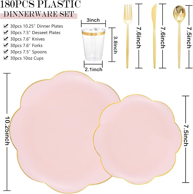 ejonirinjonir EI 180pcs Pink Plastic Plates with Gold Plastic Silverware,Party Plates Disposable,Pink Dinnerware Set for Afternoon Tea,Wedding,Birthday,Easter,Spring,Mother's Day,Valentine's Day