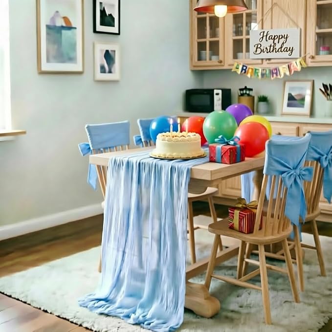 LINXTAR Light Blue Cheesecloth Table Runner 4 Pack 120 Inches 10Ft Gauze Summer Boho Table Runner for Wedding Tea Party Baby Shower Bridal Birthday Home Decoration