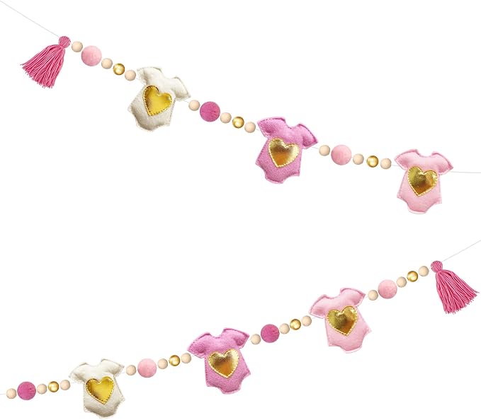 Gold and Pink Baby Clothes Decorations Handmade Pre-Strung Felt Baby Clothes Wooden Bead Wool Felt Ball Garland Banner for It's a Girl Sweet Girl Baby Shower Party Nursery Fireplace Home Wall Decor