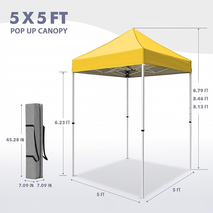 5x5 Pop Up Canopy Tent, Instant Portable Beach Canopy, Outdoor Tent with Carry Bag for Camping, Sports, Tailgating, Events, Yellow