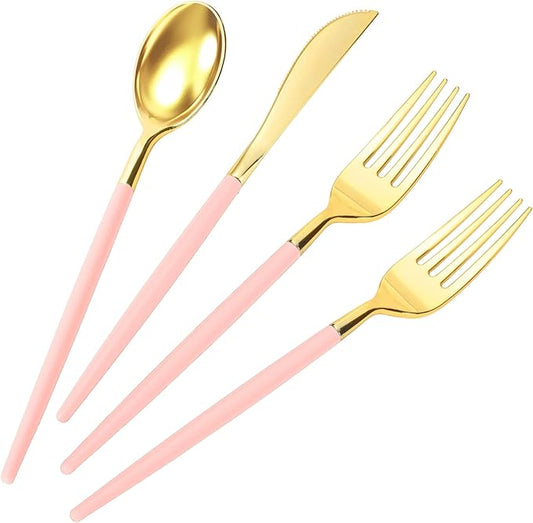 120Pcs Pink and Gold Plastic Silverware, Heavy Duty Plastic Silverware Includes 40 Forks, 40 Knives, 40 Spoons, Disposable Cutlery for Birthday Party, Baby Shower, Mother's Day (Pink and Gold)