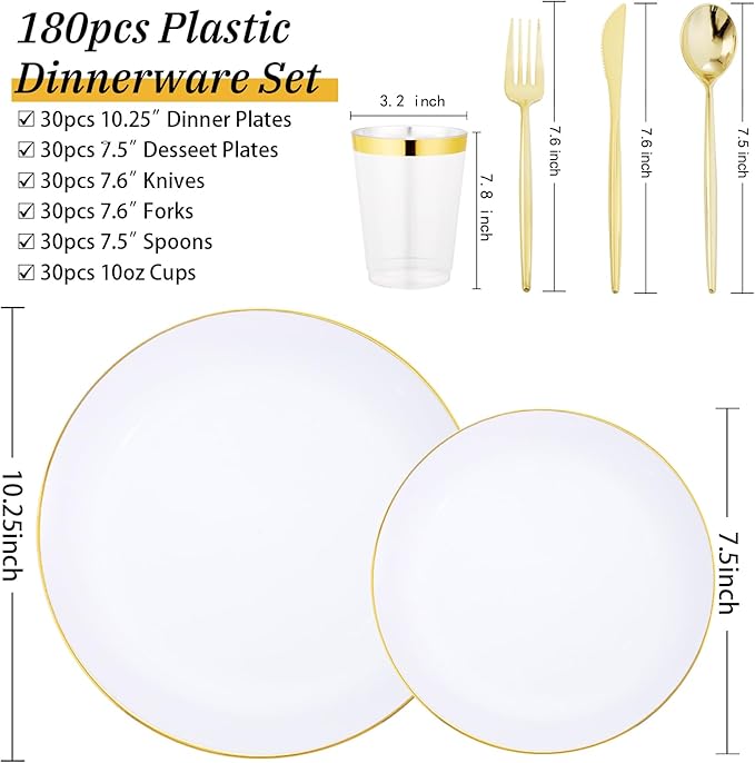 EI 180pcs White and Gold Plastic Plates,Gold Plastic Plates for Party,Fancy Plate Disposable Dinnerware Sets,Gold Disposable Silverware and Cups for Wedding,Baby Shower,Spring Afternoon Tea