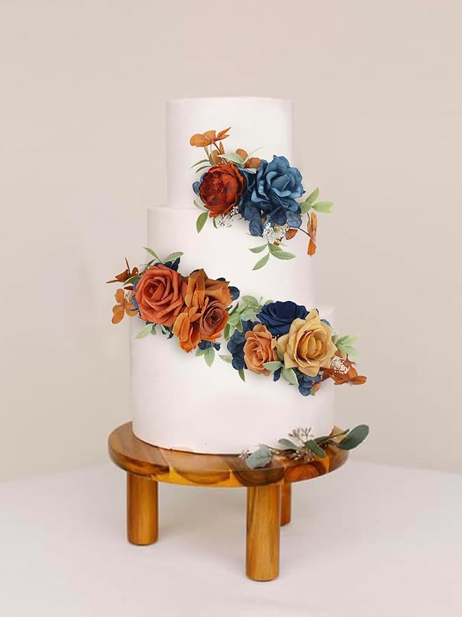 Rinlong 3Pcs Pre-made Artificial Cake Flowers Navy Blue Terracotta Cake Decorations Boho Fall Wedding Cake Decorating Flowers Decor Birthday Baptism Party Burnt Orange Cake Toppers