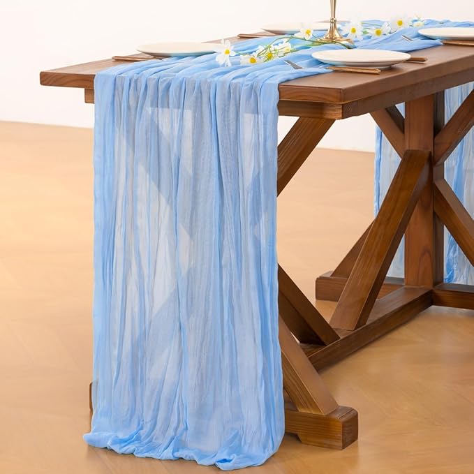 Socomi 2pcs Light Blue Cheesecloth Table Runner Easter Spring Boho Rustic Gauze 120 inch 10FT Cheese Cloth Runner for Wedding Party Baby Shower Birthday Home Decor Holiday Decorations