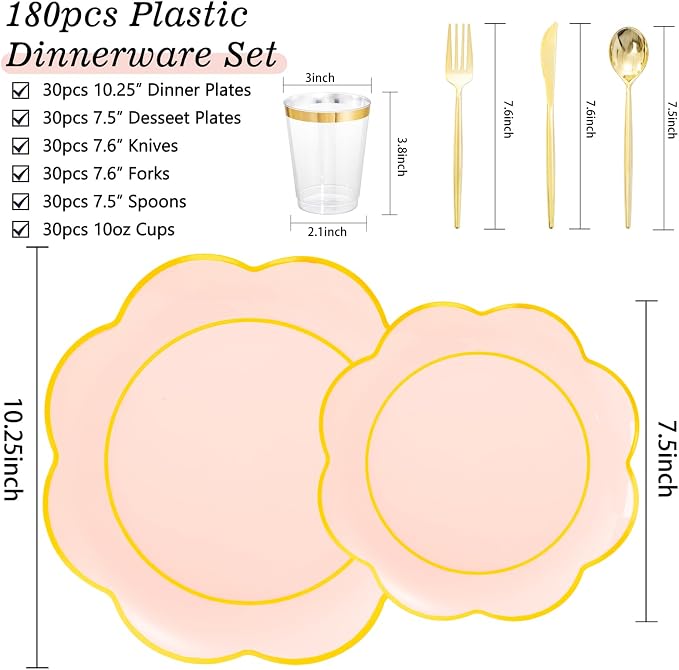 ejonirinjonir EI 180pcs Pink Plastic Plates with Gold Plastic Silverware,Heavy-Duty Disposable Plates for Party,White Dinnerware Set for 30 Guest Wedding,Birthday,Valentine's Day