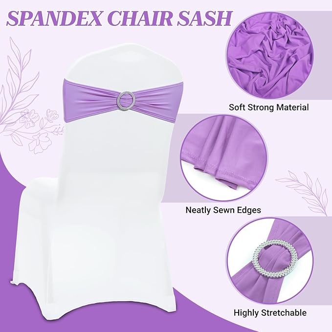 MDS Pack of 25 Spandex Chair Sashes Bow Premium Stretch Chair Cover Band with Buckle Slider Universal fits Elastic Stretch Chair Ties for Wedding Party Banquet Events Decoration - Lavender