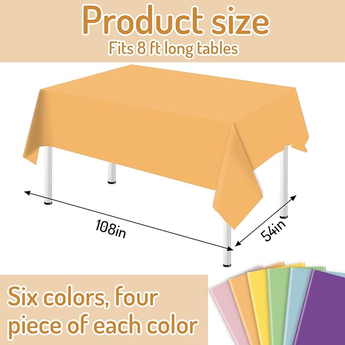 Whaline 24Pcs Pastel Color Plastic Tablecloth Boho Rectangle Table Cover Waterproof 6 Colors Table Cloth for Party Decoration Supplies Silly Goose, 54 x 108 Inch