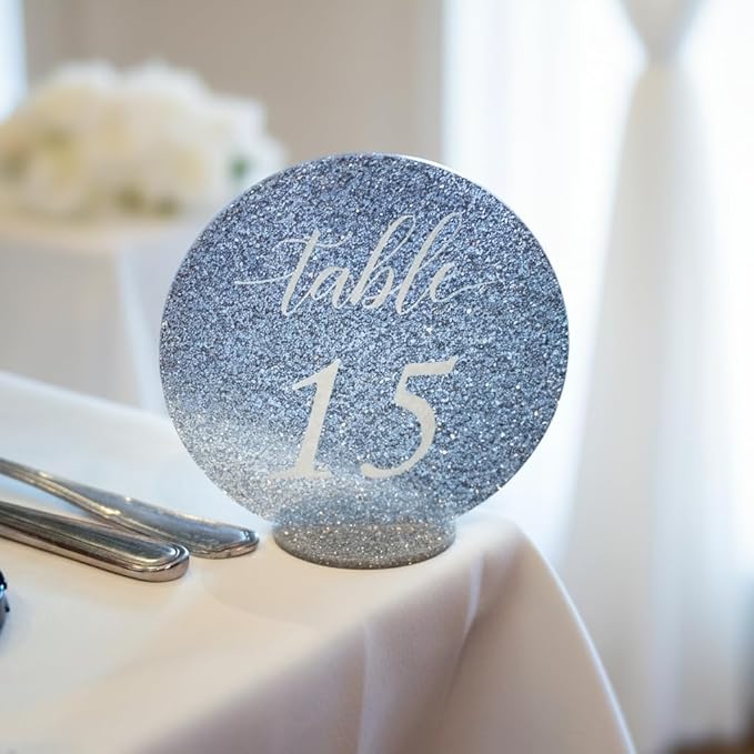 Wedding Table Numbers 1-20, table numbers signs, with Self Standing Base 5.1 x 5 inches, Silver Glitter Table Numbers Sparkle with light, ideal for Wedding Receptions, Parties and Special Events