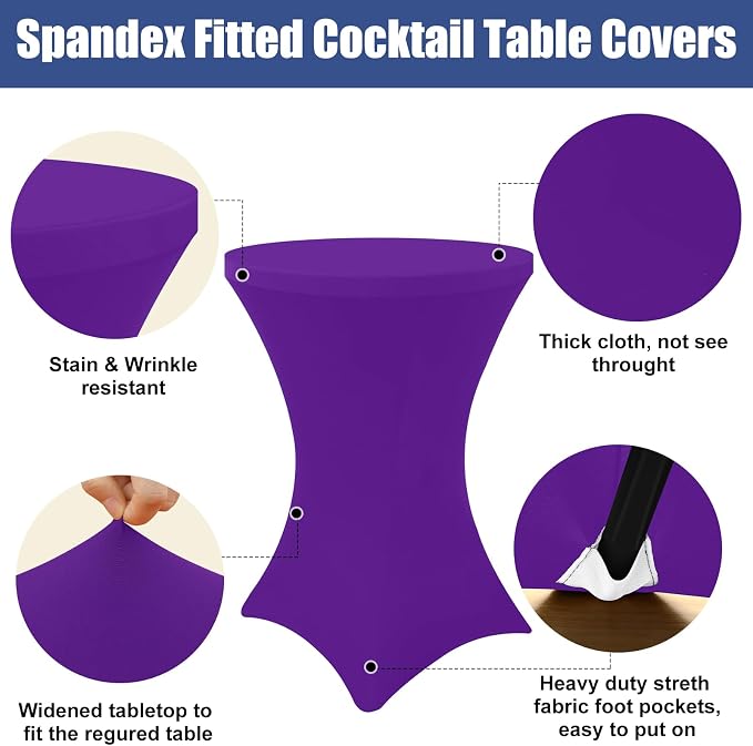 Moosfor Spandex Cocktail Table Covers 4 Pack, Elastic Fitted Stretch Table Cloth, Round High Top Tablecloths for Bar, Party, Pub, Wedding & Banquet (Purple, 32x43 Inch)
