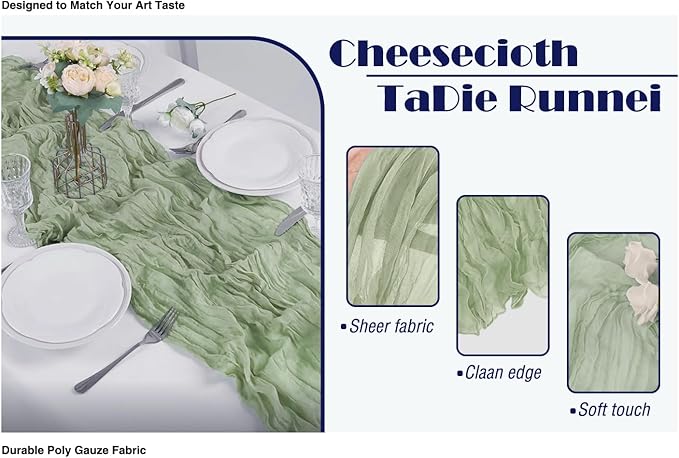 12 Pack Sage Green 10Ft Cheesecloth Table Runner 21x120 Inch Boho Wrinkled Sheer Romantic Gauze Decor for Wedding, Bridal Shower, Birthday Party