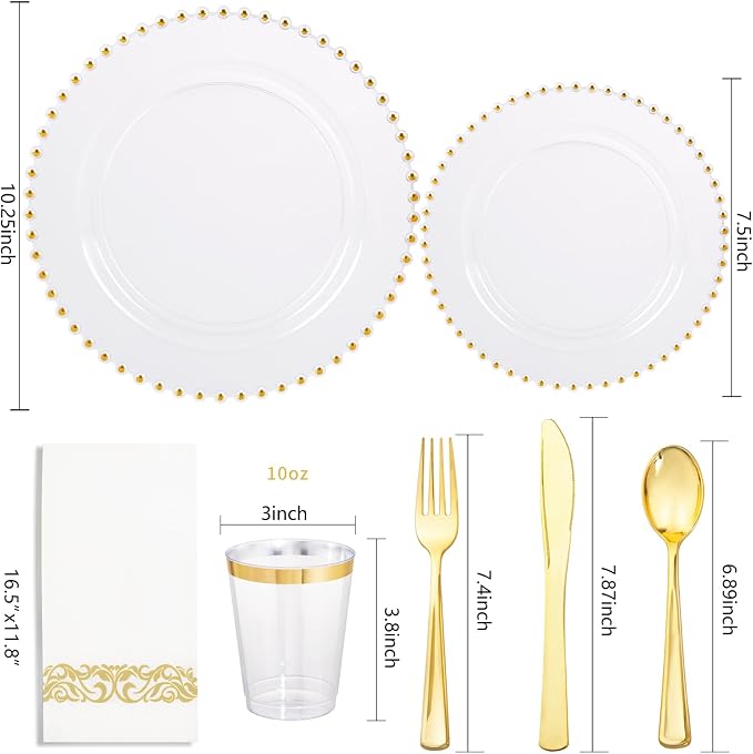 LIYH 350 Pcs Clear Gold Plastic Plates - Disposable Dinnerware Set Include Elegant Dinner & Dessert Plate Cups Gold Silverware for Birthday Party Wedding - Clear Gold 50 Guests