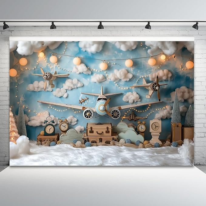 12x6ft Vintage Airplane Photography Backdrop Blue Sky White Clouds Retro Aircraft Theme Background for Newborn Baby Shower Banner Boys Birthday Party Photoshoot Studio Photo Booth Props