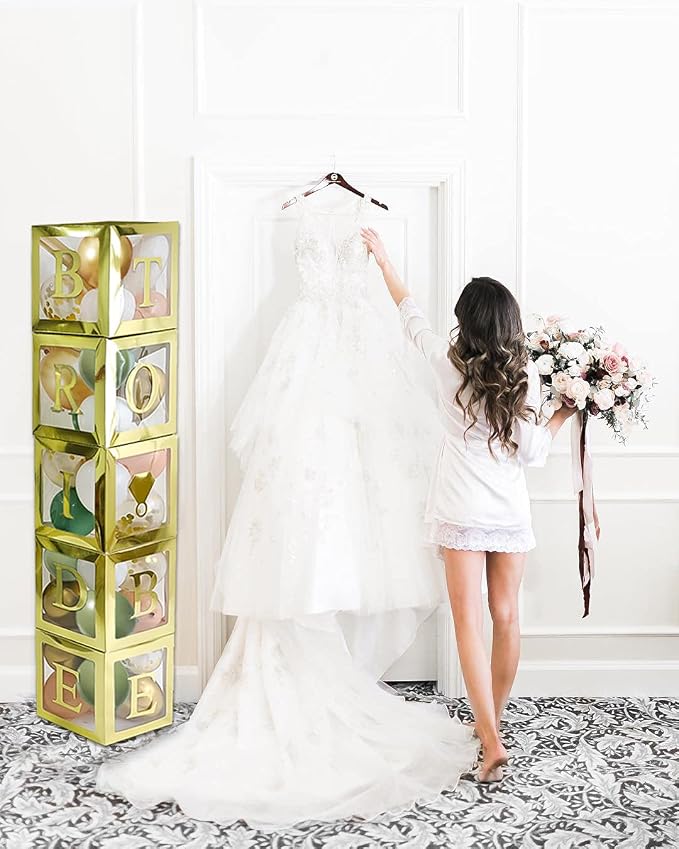 96 PC Bridal Shower Decorations Balloon Boxes Gold- Transparent Block with BRIDE TO BE + GROOM + A - Z Letters and 40 Balloons- Engagement Bachelorette Parties Weddings Centerpieces Photo Booth Props