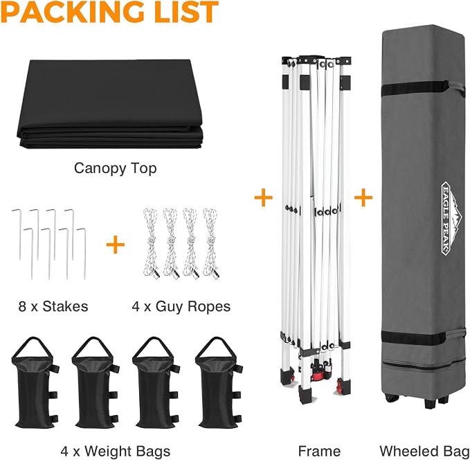 EAGLE PEAK Pop Up Canopy Tent with Wheeled Carry Bag, 8 Stakes, 4 Ropes, 4 Weight Bags, Easy Set Up Tent Canopy, 10x10 ft, 100sqft of Shade, Black