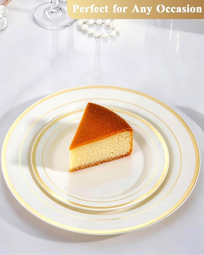 Goodluck 200 PCS Ivory and Gold Plastic Plates, Heavy Duty Disposable Ivory Plates with 100 10.25 inch Dinner Plates and 100 7.5 inch Dessert Plates for Party, Holiday, Wedding