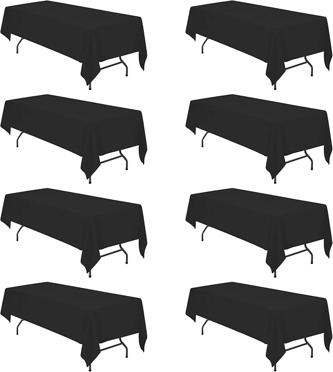 BRILLMAX 8 Pack Black Tablecloths 60 x 126 Inch for 8ft Rectangle Tables - 150 GSM Polyester Fabric, 15" Standard Drop, Water, Stain & Wrinkle Resistant Cloth Cover for Wedding Banquet Dining Buffet