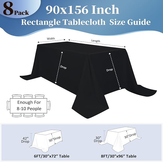 8 Pack Black Tablecloths 90x156 Inch Table Cloths for 8 Foot Rectangle Tables, Wrinkle Resistant Washable Rectangular Fabric Table Cover for Dining Wedding Banquet Camping Party