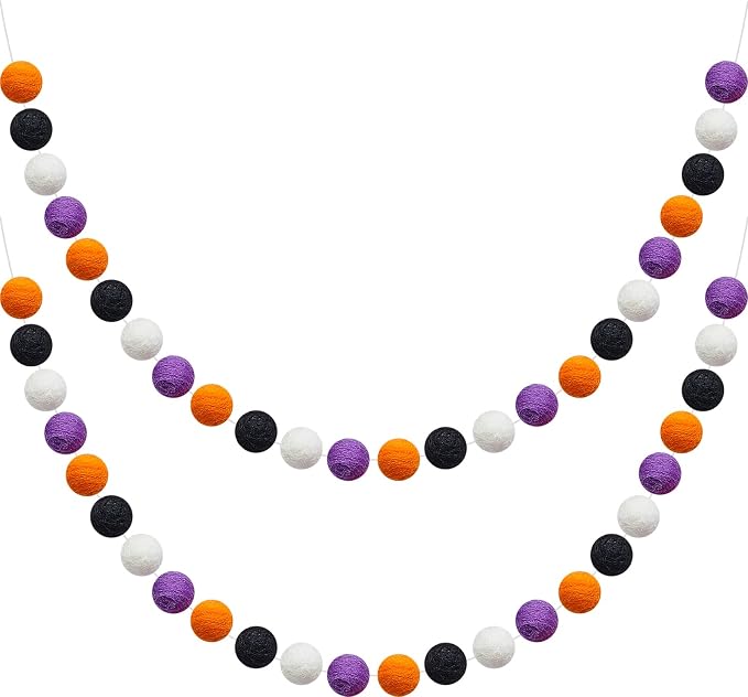 WILLBOND 2 Pieces Wool Felt Rainbow Ball Garland Colorful Pom Pom 6.5 ft Long 24 Ball Garland for Easter Mardi Gras Classroom Halloween Thanksgiving Xmas (Orange,White,Black,Purple)