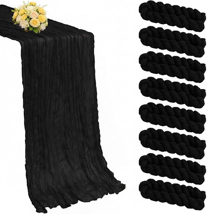 8 Pack Black Cheesecloth Table Runner 21x120 Inch Gauze Table Runners Reusable Polyester 10ft Boho Rustic Cheese Cloth Table Runner for Wedding Party Baby Shower Birthday