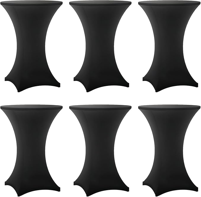 Cocktail Table Covers - 6 Pack 32x43 Inch Table Cloth - Black Fitted Stretch Spandex Round High Top Tablecloth for Party, Bar, Birthday, Pub, Banquet